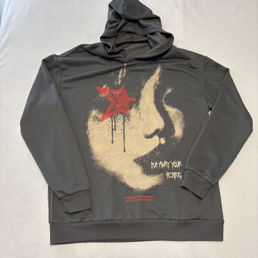 Romwe Hoodie Sweatshirt Gray Graphic “Put Away Your Fears” Star Sz Large 46"